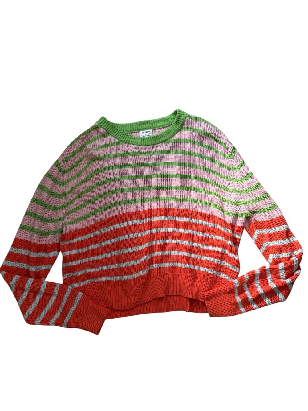 Womans Cotton-On Striped Crewneck Sweater in Pink, Green & Orange
